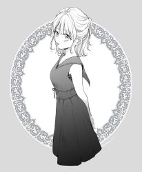  1girl :p akmr_enmt arms_behind_back bare_arms blush bra bra_peek breasts dress from_side greyscale half_updo looking_at_viewer medium_breasts medium_hair monochrome no_dickey original sailor_collar sidelocks sleeveless sleeveless_dress solo standing tongue tongue_out underwear waist_ribbon 