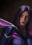  1girl absurdres bangs black_lips breasts brown_background facial_mark gradient gradient_background highres kai&#039;sa large_breasts league_of_legends long_hair looking_at_viewer pink_eyes purple_hair shallow-ripple shiny shiny_hair solo wings 