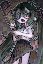  1girl @_@ ahoge collared_shirt confessions_of_a_rotten_girl_(vocaloid) cross_hair_ornament english_text fang glasses hair_ornament hatsune_miku highres holding holding_paddle long_hair nekowase open_mouth paddle plaid_clothes plaid_skirt pleated_skirt round_eyewear school_uniform shirt short_sleeves skin_fang skirt solo teardrop-framed_glasses twintails vocaloid white_shirt yaoi_paddle 