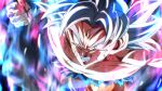  1boy clenched_hand clenched_teeth dragon_ball dragon_ball_super grey_eyes grey_hair male_focus muscular muscular_male rom_(20) short_hair solo son_goku teeth topless_male torn_clothes ultra_instinct 