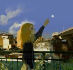  1girl arm_up azigashimitoru bag black_jacket blonde_hair blue_eyes bridge building clouds commentary day dock flower from_side grass handbag jacket long_hair original outdoors pointing power_lines railing scenery ship sky solo standing town transparent upper_body water watercraft 