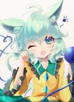  1girl ;o animal_ear_fluff animal_ears blouse blush buttons cat_ears cat_tail commentary diamond_button eyebrows_behind_hair fang frilled_shirt_collar frilled_sleeves frills green_eyes green_hair hair_between_eyes hands_up heart heart_of_string kemonomimi_mode komeiji_koishi long_sleeves looking_at_viewer medium_hair no_hat no_headwear one_eye_closed open_mouth paw_pose shirt simple_background skin_fang solo tail third_eye touhou tsukikusa upper_body white_background wide_sleeves yellow_shirt 