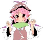  1girl animal_ears bird_ears bird_wings blush brown_dress brown_headwear closed_mouth dress earrings eyebrows_visible_through_hair fingernails frilled_sleeves frills ini_(inunabe00) jewelry long_sleeves mystia_lorelei pink_eyes pink_hair sharp_fingernails short_hair simple_background single_earring smile solo touhou upper_body white_background white_wings wide_sleeves winged_hat wings 
