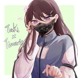  1girl bang_dream! bang_dream!_it&#039;s_mygo!!!!! blue_jacket blush border borrowed_accessory brown_hair character_name commentary_request embarrassed hair_ornament hairclip hand_on_own_cheek hand_on_own_face highres jacket long_hair long_sleeves lucky_chicken shiina_taki solo timoris_(bang_dream!) upper_body violet_eyes white_border yahata_umiri zipper_pull_tab 