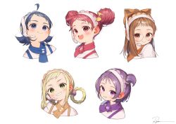  5girls ahoge asuka_momoko blonde_hair blue_eyes blue_hair blue_neckerchief bow braid braided_hair_rings brown_eyes brown_hair child cropped_shoulders double_bun fujiwara_hazuki glasses green_eyes grin hair_bow hair_bun hair_ornament hair_rings harukaze_doremi headset looking_at_viewer medium_hair microphone multiple_girls musical_note musical_note_hair_ornament neckerchief ojamajo_doremi one_side_up open_mouth orange_bow orange_neckerchief purple_hair purple_neckerchief red_eyes red_hair red_neckerchief round_eyewear ryota_(ry_o_ta) segawa_onpu senoo_aiko shirt short_hair single_sidelock smile violet_eyes white_shirt yellow_neckerchief 