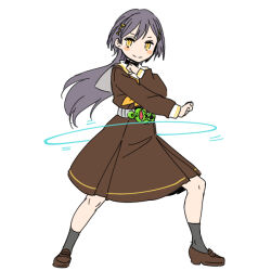 >:) 1girl black_socks blush_stickers brown_dress brown_shoes closed_mouth commentary_request desire_driver dress full_body grey_hair hair_ornament hasu_no_sora_school_uniform kamen_rider kamen_rider_geats_(series) katsuragi_izumi link!_like!_love_live! loafers long_hair long_sleeves looking_at_viewer love_live! medium_dress neckerchief ninja_buckle pleated_dress rider_belt sailor_collar sailor_dress school_uniform shinanoya_(satanicad) shoes simple_background slit_pupils smile socks solo split_mouth triangle_hair_ornament v-shaped_eyebrows virtual_youtuber white_background white_sailor_collar winter_uniform wolf_cut yellow_eyes yellow_neckerchief