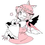  1girl animal_ears bird_ears bird_wings blush dress eyebrows_visible_through_hair fang fingernails frilled_sleeves frills ini_(inunabe00) juliet_sleeves long_fingernails long_sleeves mystia_lorelei nail_polish one_eye_closed open_mouth pink_hair puffy_sleeves sharp_fingernails short_hair simple_background smile solo touhou white_background white_wings wide_sleeves winged_hat wings 