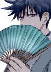  1boy bangs black_hair blue_eyes commentary_request covering_mouth eyelashes fushiguro_megumi hair_between_eyes hand_fan holding holding_fan japanese_clothes jujutsu_kaisen kimono looking_at_viewer male_focus nori20170709 nose short_hair simple_background solo spiky_hair white_background 