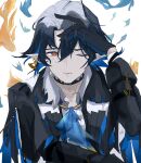  1boy arknights ascot black_choker black_hair black_jacket blue_ascot choker fish highres itou2 jacket long_sleeves looking_at_viewer lumen_(arknights) male_focus one_eye_closed orange_eyes parted_lips pointy_ears short_hair solo upper_body white_background 