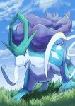  absurdres brown_eyes closed_mouth clouds day falling_leaves frown grass highres leaf no_humans outdoors pokemon pokemon_(creature) signature sky solo standing suicune tanpakuroom 