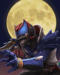  1boy armor artist_name black_bodysuit blue_armor blue_eyes bodysuit chain compound_eyes full_moon garulu_saber highres kamen_rider kamen_rider_kiva kamen_rider_kiva_(garulu_form) kamen_rider_kiva_(series) kivat_belt kyuri_bakuhatu male_focus moon mouth_hold multicolored_armor open_hands simple_background standing upper_body 