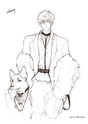  1boy absurdres animal_collar animal_ear_piercing belt blazer buttons chain chain_leash collar collarbone collared_shirt commentary copyright_request cropped_legs dog dress_pants english_commentary fur_shawl greyscale hair_between_eyes highres holding holding_leaf jacket leaf leash loen_(shining_nikki) looking_to_the_side male_focus monochrome nikki_(series) open_belt open_clothes open_jacket shawl shining_nikki shirt short_hair signature simple_background sketch solo stars_zhangzhang thick_eyebrows tongue white_background 