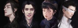  1girl 3boys asian black_background black_eyes black_hair black_hanfu blind blindfold blunt_bangs character_request chinese_clothes chinese_commentary closed_eyes closed_mouth commentary_request crying crying_with_eyes_open dirty dirty_face expressionless forehead furrowed_brow hair_ornament hanfu headband high_collar high_ponytail highres light_smile long_hair mandarin_collar modao_zushi multiple_boys open_mouth pink_lips ponytail purple_hanfu purple_headband realistic sad sad_smile simple_background streaming_tears tears teeth thick_eyebrows thick_lips topknot upper_body upper_teeth_only white_blindfold white_eyes white_hanfu xiao_xingchen xue_yang ye_dian_pikaqiu 