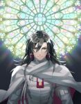  1boy armor black_eyes black_hair bluespeaker cape constantine_xi_(fate) earrings fate/grand_order fate_(series) highres jewelry light long_hair male_focus stained_glass 