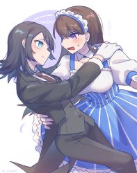  2girls bang_dream! bang_dream!_it&#039;s_mygo!!!!! black_hair black_jacket black_pants black_suit black_vest blue_eyes blue_skirt blush brown_hair brown_necktie closed_mouth collared_shirt commentary gloves hand_on_another&#039;s_shoulder hand_on_another&#039;s_waist highres jacket long_hair looking_at_another maid_headdress multiple_girls necktie open_mouth pants purple_background shiina_taki shirt short_sleeves skirt smile suit sweatdrop translation_request twitter_username two-tone_background umaa42 vest violet_eyes white_background white_gloves white_headdress white_shirt yahata_umiri yuri 