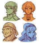  2boys 2girls absurdres bags_under_eyes bandana facial_hair fire_emblem fire_emblem:_three_houses fire_emblem_warriors:_three_hopes glasses hair_ornament hairpin head_wreath highres ignatz_victor leonie_pinelli marianne_von_edmund multiple_boys multiple_girls raphael_kirsten scruffyturtles short_hair wavy_hair 