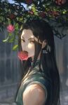  1boy bare_shoulders black_hair blurry day depth_of_field flower flower_request from_side highres hunter_x_hunter illumi_zoldyck jnkku long_hair looking_at_viewer male_focus mouth_hold outdoors pink_flower red_flower red_rose rose shirt solo upper_body 