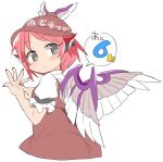  1girl animal_ears bird_ears bird_wings blush brown_dress brown_headwear dress earrings eyebrows_visible_through_hair fingernails frilled_sleeves frills grey_eyes ini_(inunabe00) jewelry mystia_lorelei nail_polish parted_lips pink_hair puffy_short_sleeves puffy_sleeves red_nails sharp_fingernails short_hair short_sleeves simple_background single_earring solo speech_bubble touhou white_background white_wings winged_hat wings 