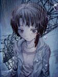  1girl asymmetrical_hair clouds cloudy_sky english_commentary expressionless hair_ornament hairclip highres iwakura_lain jacket looking_at_viewer mohato_official open_clothes open_jacket power_lines rain serial_experiments_lain short_hair single_sidelock sky solo transmission_tower upper_body upside-down water_drop wet wet_clothes wet_hair wet_lens x_hair_ornament 