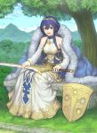  1girl ahoge armor armored_dress artist_name bare_shoulders belt bench blue_eyes blue_hair breastplate breasts commission day detached_sleeves dress fire_emblem fire_emblem_awakening forest full_body gofelem grass hair_between_eyes hand_tattoo highres holding holding_sword holding_weapon looking_at_viewer medium_breasts morgan_(fire_emblem) morgan_(fire_emblem)_(female) mountain nature open_mouth outdoors see-through see-through_sleeves shield short_hair sitting sitting_on_bench solo sword tattoo teeth tongue tree watermark weapon 