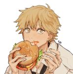  1boy bangs black_necktie blonde_hair burger chainsaw_man collared_shirt denji_(chainsaw_man) eating food food_on_face highres holding holding_food ketchup lettuce long_sleeves looking_at_another looking_at_viewer necktie shirt short_hair simple_background sleeves_rolled_up solo stain tasuketemama tomato white_background white_shirt yellow_eyes 