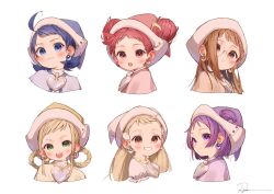  6+girls ahoge asuka_momoko blonde_hair blue_capelet blue_eyes blue_hair blue_hat braid braided_hair_rings brooch brown_capelet brown_eyes brown_hair capelet cropped_shoulders double_bun earrings fujiwara_hazuki glasses green_eyes grin hair_bun hair_ornament hair_rings hair_through_headwear harukaze_doremi hat heart heart_brooch jewelry long_hair magical_girl makihatayama_hana medium_hair multiple_girls musical_note musical_note_hair_ornament ojamajo_doremi one_side_up pink_capelet pink_hat purple_capelet purple_hair purple_hat red_eyes red_hair round_eyewear ryota_(ry_o_ta) segawa_onpu senoo_aiko shirt short_hair single_sidelock smile sphere_earrings twintails violet_eyes white_shirt wing_hair_ornament witch_hat yellow_capelet yellow_hat 