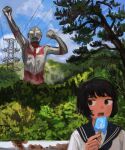  1girl black_hair blue_sky cable clouds cloudy_sky copyright_request food forest highres minahamu nature open_mouth outdoors popsicle short_hair size_difference sky tree ultraman 