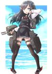  1girl adapted_turret asashio_(kancolle) asashio_kai_ni_(kancolle) black_hair black_legwear blue_eyes blue_sky cannon clouds commentary_request dress fuji_(pixiv24804665) full_body highres horizon kantai_collection long_hair looking_at_viewer machinery ocean pinafore_dress shirt sky solo standing thigh-highs torpedo_launcher turret white_shirt 