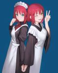  2girls ;d absurdres apron back-to-back black_dress black_kimono blue_background blue_bow blue_eyes blush bow closed_mouth commentary dress drid hair_bow half_updo highres hisui_(tsukihime) holding_hands japanese_clothes juliet_sleeves kimono kohaku_(tsukihime) long_sleeves looking_at_viewer maid maid_apron maid_headdress multiple_girls neck_ribbon one_eye_closed open_mouth puffy_sleeves red_ribbon redhead ribbon short_hair siblings simple_background sisters smile teeth tsukihime twins upper_teeth v wa_maid white_apron wide_sleeves yellow_eyes 