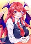 1girl absurdres atori_art between_breasts blush breasts head_wings highres koakuma large_breasts long_hair long_sleeves looking_at_viewer marker_(medium) necktie necktie_between_breasts red_eyes redhead shirt simple_background smile solo touhou traditional_media wings 