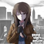  1girl ;) armorganger black_gloves blue_jacket brown_jacket cityscape closed_mouth commentary day dress_shirt emblem english_text eyebrows_visible_through_hair fingerless_gloves girls_und_panzer gloves grand_theft_auto grand_theft_auto_iv jacket keizoku_military_uniform looking_at_viewer mika_(girls_und_panzer) new_york niko_bellic no_hat no_headwear one_eye_closed open_clothes open_jacket outdoors parody partially_colored saunders_military_uniform shirt smile solo standing star_(symbol) upper_body white_shirt 