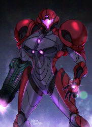  1girl arm_cannon armor artist_name assault_visor cropped_legs full_armor helmet highres metroid metroid_prime_4:_beyond neon_trim pink_visor power_armor power_suit samus_aran science_fiction solo wakaba_(wata_ridley) weapon 