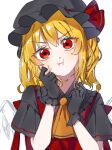  1girl :i alternate_color ascot bangs black_gloves blonde_hair bow crystal eringi_(rmrafrn) eyebrows_visible_through_hair fang fang_out flandre_scarlet gloves hair_between_eyes hat hat_bow hat_ribbon head_tilt highres light_blush looking_at_viewer mob_cap pout puffy_short_sleeves puffy_sleeves red_eyes red_ribbon red_vest ribbon shirt short_sleeves solo touhou upper_body v-shaped_eyebrows vest white_background wings 