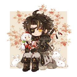  1boy :3 autumn_leaves black_boots black_coat black_gloves blonde_hair boots border character_doll chinese_commentary closed_mouth coat commission curtained_hair doll eyepatch fold-over_boots full_body fur-trimmed_coat fur_trim gloves grey_pants highres holding holding_doll leaf long_sleeves looking_at_object multicolored_hair on_rock original outside_border pants parted_bangs partially_fingerless_gloves print_pants procreate_(medium) rabbit sample_watermark sayagata short_hair shuling simple_background smile solo streaked_hair sword sword_on_back the_tale_of_food treasure_in_fish_(the_tale_of_food) tree watermark weapon weapon_on_back white_border yellow_background yellow_eyes yellow_gemstone 