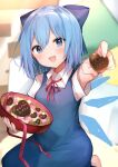  1girl :d armpit_peek bangs barefoot blue_bow blue_dress blue_eyes blue_hair blush bow box candy chocolate cirno collared_shirt dress food hair_bow heart heart-shaped_box heart-shaped_chocolate highres ice ice_wings incoming_food indoors karasusou_nano kneeling neck_ribbon open_mouth pinafore_dress pov puffy_short_sleeves puffy_sleeves red_ribbon ribbon shirt short_hair short_sleeves smile solo teeth touhou upper_teeth valentine white_shirt wing_collar wings 
