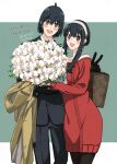  1boy 1girl :d ahoge bangs black_gloves black_jacket black_pants blush bouquet briefcase brother_and_sister coat collarbone crpk1119 dress earrings gloves hairband holding holding_bouquet jacket jewelry off-shoulder_dress off_shoulder open_mouth outside_border pants red_eyes red_sweater short_hair_with_long_locks siblings sidelocks simple_background smile spy_x_family sweater sweater_dress twitter_username white_hairband yor_briar yuri_briar 