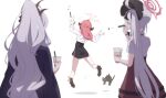  3girls arms_up aru_(blue_archive) black_cat blue_archive blurry bracelet bubble_tea bullying cat coat coat_on_shoulders commentary_request cup demon_girl demon_horns depth_of_field disposable_cup drinking_straw firing from_behind grey_hair hair_ornament hair_scrunchie halo hennnachoco high_heels hina_(blue_archive) holding holding_cup holding_drinking_straw horns jewelry jumping long_hair long_sleeves multiple_girls mutsuki_(blue_archive) pink_hair prank school_uniform scrunchie short_sleeves sidelocks simple_background surprised sweat very_long_hair white_background 
