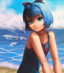  1girl bangs beach blue_bow blue_dress blue_eyes blue_hair bow cirno cirno_day clouds commentary_request day dress firewink flat_chest hair_bow highres ice ice_wings looking_at_viewer neck_ribbon ocean outdoors parted_lips pinafore_dress red_ribbon ribbon russian_commentary sand short_hair sleeveless sleeveless_dress solo touhou upper_body water wings 