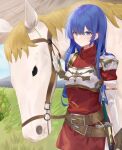  1girl armor blue_eyes blue_hair blush boots caeda_(fire_emblem) cape daily_(daily178900) dress elbow_gloves fingerless_gloves fire_emblem fire_emblem:_mystery_of_the_emblem gloves hair_ornament highres jewelry long_hair looking_at_viewer pegasus pegasus_knight_uniform_(fire_emblem) smile solo thigh-highs tiara 