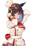  1girl absurdres animal_ears arms_up bangs black_hair blue_eyes blue_hair blush breasts chef_hat chef_uniform colored_inner_hair cowboy_shot eishin_flash_(umamusume) eyebrows_visible_through_hair frilled_sleeves frills hair_ornament hairclip hat heart highres horse_ears large_breasts long_sleeves looking_at_viewer multicolored_hair namaponpon_00 parted_lips short_hair simple_background solo two-tone_hair umamusume white_background wrist_cuffs 