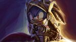  1boy absurdres armor artist_name blue_fur caliburn_(sonic) cape gauntlets helmet highres lazerpotaters light light_rays looking_to_the_side male_focus pointy_nose red_eyes serious shiny signature solo sonic_(series) sonic_and_the_black_knight sonic_the_hedgehog spiky_hair sword weapon 