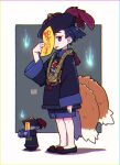  1girl animal_ears black_footwear black_headwear black_jacket black_shorts blue_fire blue_hair blush closed_mouth colored_shadow commentary_request fire fox_ears fox_girl fox_tail hand_up hat hitodama jacket jiangshi_costume kitsune kukuri_(mawaru) long_sleeves looking_at_viewer mawaru_(mawaru) ofuda original outstretched_arms qing_guanmao shadow shoes shorts sleeves_past_wrists standing tail tongue tongue_out violet_eyes wide_sleeves zombie_pose 