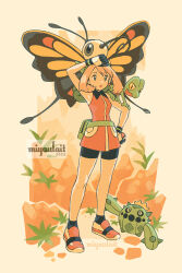  1girl bandana beautifly bike_shorts blue_eyes breasts brown_hair cacnea fanny_pack gloves green_bag green_bandana highres may_(pokemon) miyaulait open_mouth pokemon pokemon_(creature) pokemon_emerald pokemon_rse shirt shorts sleeveless treecko 
