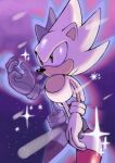  1boy absurdres brown_eyes flying gloves highres hyper_sonic looking_to_the_side male_focus night night_sky no_pants pointy_nose shoes sky solo sonic_(series) sonic_the_hedgehog sonic_the_hedgehog_(classic) sparkle spiky_hair topless_male white_fur yseph6 