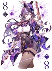  1girl absurdres blue_hat breasts brown_pantyhose card clorinde_(genshin_impact) closed_mouth cocoballking eight_of_spades fold-over_gloves genshin_impact gloves gun hair_between_eyes hat hat_feather highres holding holding_gun holding_weapon long_hair long_hair_between_eyes long_sleeves looking_at_viewer pantyhose pencil_skirt playing_card purple_hair simple_background skirt solo weapon white_background white_gloves 