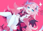  1girl :d armpits asymmetrical_gloves bangs bare_shoulders black_gloves dress gloves hair_ornament highres honkai_(series) honkai_impact_3rd horns long_hair looking_at_viewer mismatched_gloves open_mouth pink_background pink_hair rozaliya_olenyeva simple_background single_horn sleeveless sleeveless_dress smile solo tail thigh-highs white_gloves white_legwear yinpa_(wanone500511) 