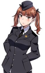  1girl alexandra_serbanescu arms_behind_back black_jacket black_necktie breasts brown_eyes brown_hair em_(totsuzen_no_hakike) jacket looking_at_viewer medium_breasts military military_uniform necktie scar scar_across_eye scar_on_face shirt simple_background solo twintails white_background white_shirt world_witches_series 