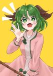  1girl :d \||/ animal_ears bamboo_broom blush broom dress eyebrows_visible_through_hair fang green_eyes green_hair hand_up highres himari_ra holding holding_broom kasodani_kyouko long_sleeves looking_at_viewer lower_teeth open_mouth pink_dress short_hair simple_background smile solo teeth tongue touhou v-shaped_eyebrows yellow_background 