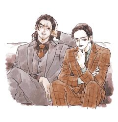  2boys beard_stubble brown_suit closed_mouth facial_hair grey_suit hair_slicked_back highres looking_to_the_side male_focus medium_hair meitantei_conan morofushi_takaaki multiple_boys mustache nanteiiyoru necktie scar scar_across_eye scar_on_face short_hair sitting stubble suit yamato_kansuke 