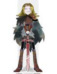  1girl amphibia armor artist_request blonde_hair blush gloves hair_ornament hairclip highres long_sleeves looking_at_viewer mole mole_under_eye sasha_waybright short_hair simple_background smile solo sword weapon 